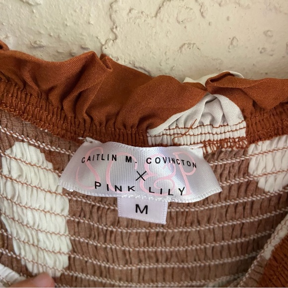 CAITLIN COVINGTON X PINK LILY BLUFF WALK BROWN POLKA DOT OFF THE SHOULDER DRESS - Picture 11 of 15